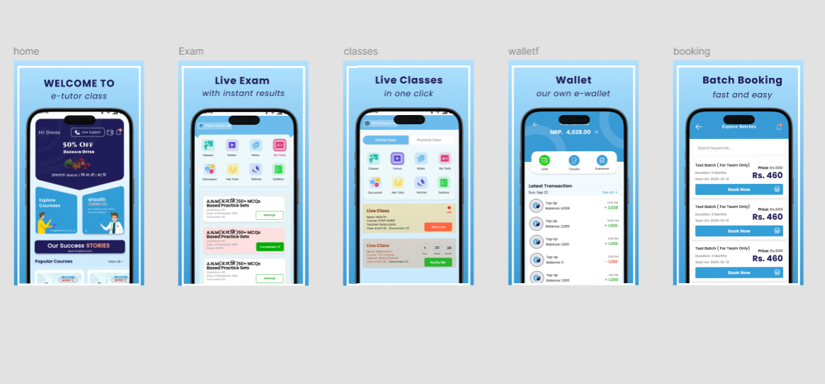 E-Tutor mobile screens